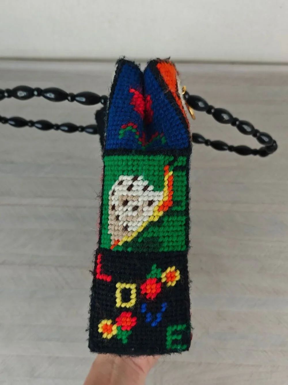 Vintage Handbag Crochet Multicolor Patchwork Beads Handle 1970s Handmade Art